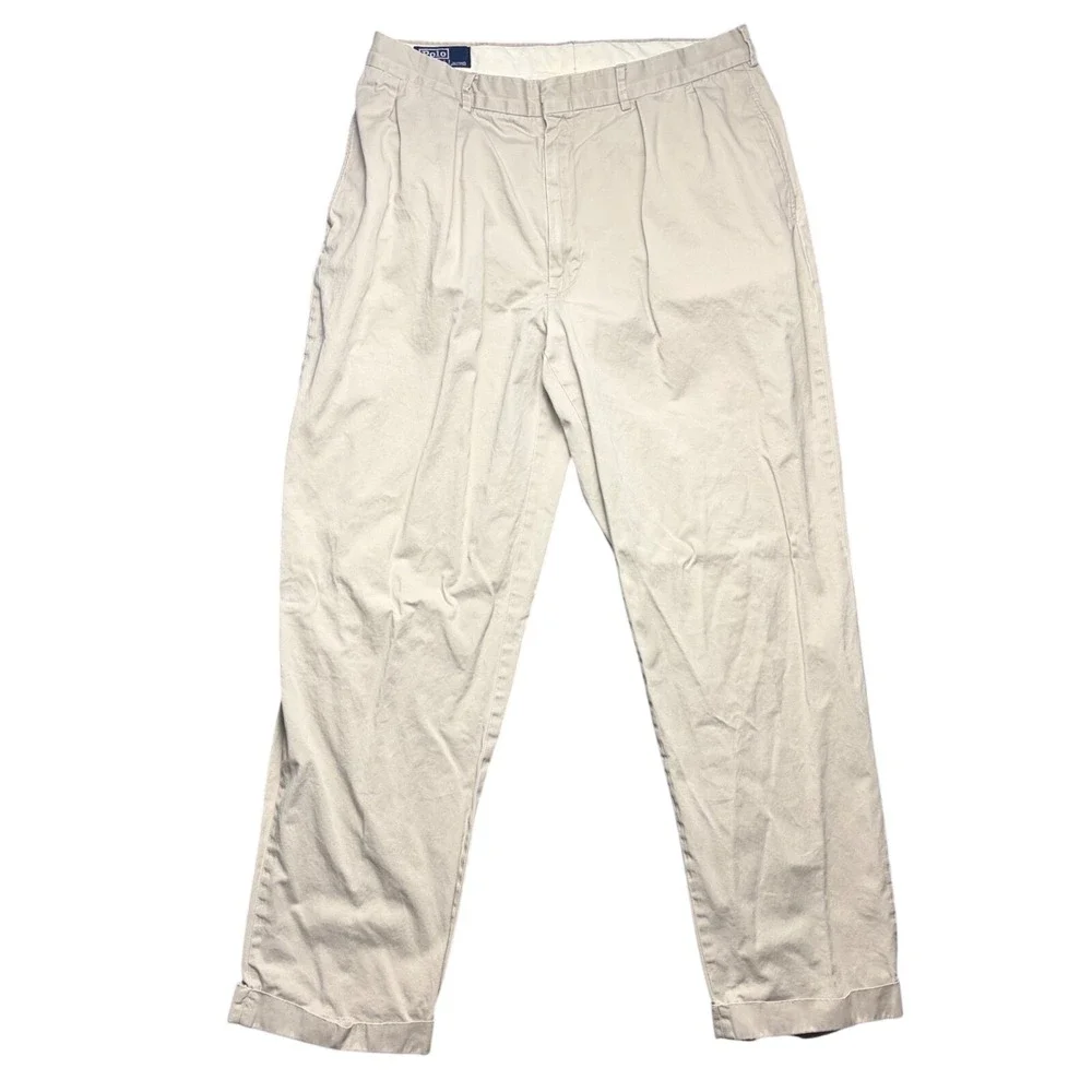 Vintage Polo Ralph‎ Lauren Pants Mens 36 Tan Khaki Pleated Cuffed Chino Trousers